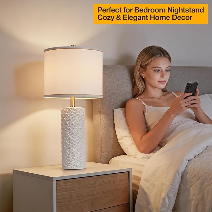 27" Farmhouse Bedside Table Lamp Set of 2, White Modern Ceramic Lamps for Living Room, 3 Color Temperature Rustic Table Lamps for Bedroom, Night Stands, Dorm,Office, Home Décor (Bulb Included