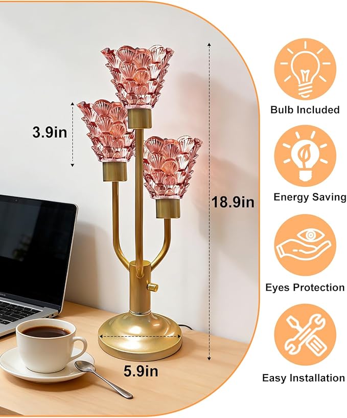 Mid Century Modern Table Lamp Dimmable Nightstand Lamp Red Glass Gold Vintage Desk Lamp 3 Bulbs Included Warmwhite Ambient Bedside Lamps for Living Room Bedroom End Table Office Home Decor
