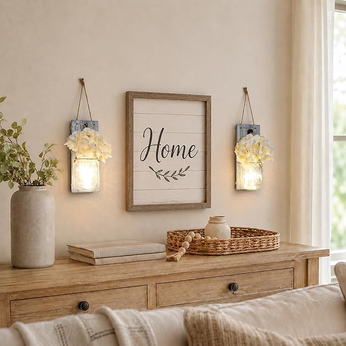 Rustic Mason Jar Sconces Wall Decor - Set of 2 Hanging Wooden Wall Art with LED String Lights & Remote Timer - Vintage Farmhouse Decoration for Living Room or Bedroom, Grey
