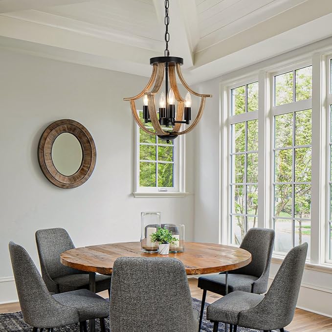 LAMPKEDUO Farmhouse Hanging Pendant Lighting, 4-Light Rustic Flush Mount Ceiling Light Fixture,Modern Faux Wood Vintage Chandelier for Dining Room Kitchen Island Foyer Hallway Entryway Bedroom