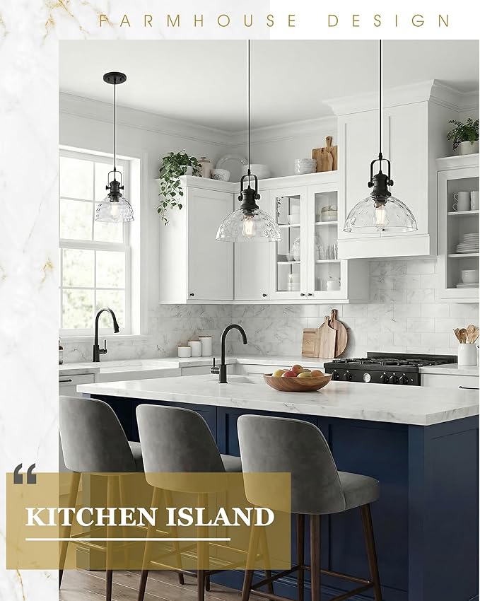 Black Pendant Lights Kitchen Island, 7.5" Farmhouse Pendant Lighting with Hammered Glass Shade, Vintage Hanging Light Fixtures for Dining Room Entryway, Adjustable Cord, AD-22151-1P-BK-H