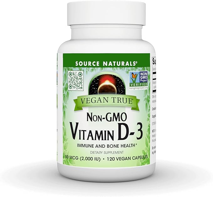 Source Naturals Vegan True, Vitamine D-3 sans OGM, Complément Alimentaire pour la Santé Immunitaire et Osseuse*, 2 000 UI - 90 Gélules