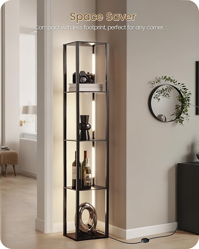 64.2" Display Shelf with Light, Modern Corner Floor Lamp with Shelves, 3000K-6000K LED Dimmable Standing Lamp with Remote for Living Room, Bedroom, Office, Adjustable CCT, Black Square B51LD05