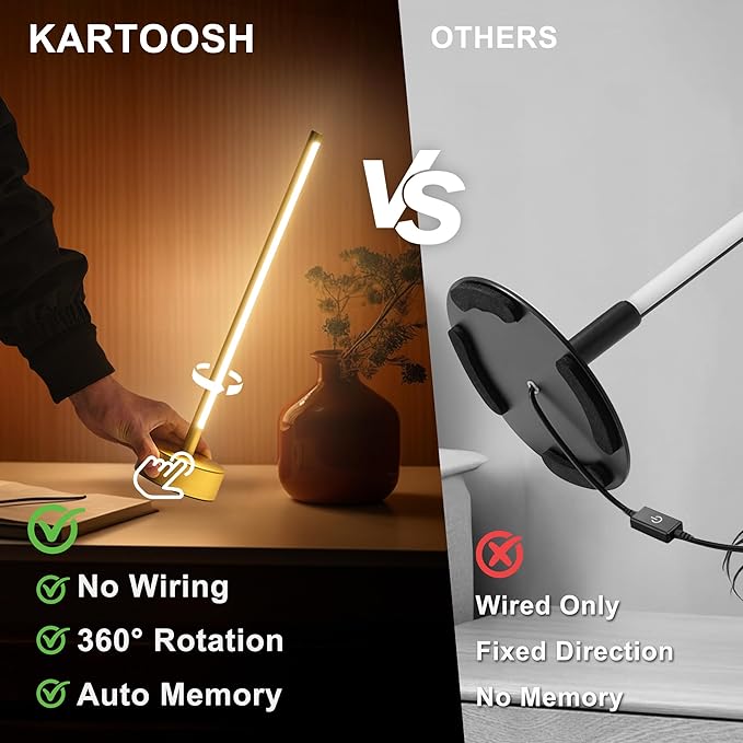 KARTOOSH Cordless LED Table Lamp Set of Two, Battery Operated Portable Desk Lamp,Dimmable/3 Color/Memory Function,Modern Rechargeable Table Light for Living Room,Bedroom,Bedside,Gold, 2 Pack
