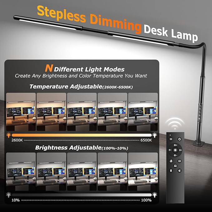 LED Desk Lamp for Home Office, Eye-Caring Desk Light with Adjustable Gooseneck, Dual Screen Computer Monitor Light with Stepless Dimming, Stepless Color Temp, Memory Function for Study, Workbench