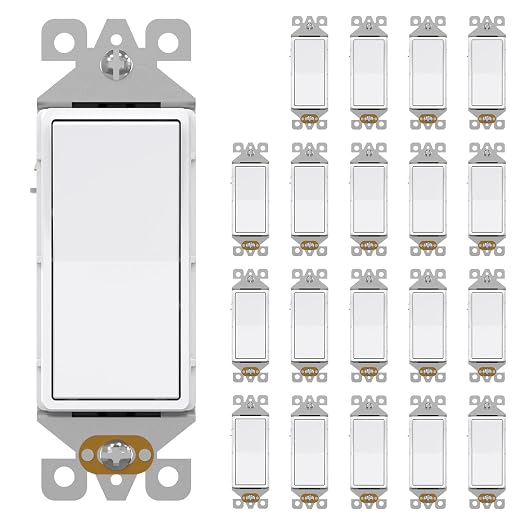 AIDA 20 Pack Light Switch Single Pole Light Switch Square Rocker Switch Decorative Switches White, 15 Amp Self-grounding Electrical Light Switches, Residential Grade, UL Listed Glossy White