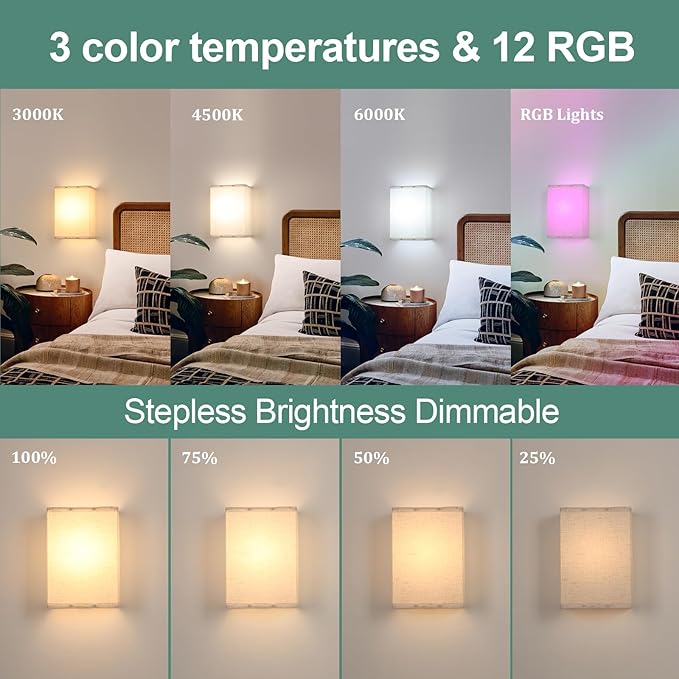 Shenmoyl Adhesive Battery Operated Wall Sconce Set of 2, 6000 mAh Battery Rechargeable Bulb with 12 RGB Colors, Stick on Cuboid Wall Sconce No Drill Wall Lights, Linen