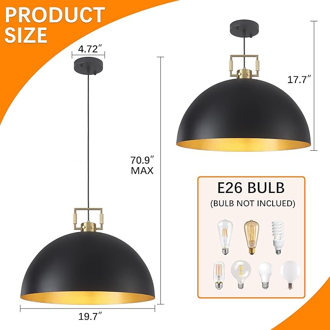 19.7" Vintage Pendant Light Industrial Pendant Light Dome Black and Gold Large Chandelier Light for Kitchen Island, Dining Room, Bedroom,Farmhouse Pendant Lighting