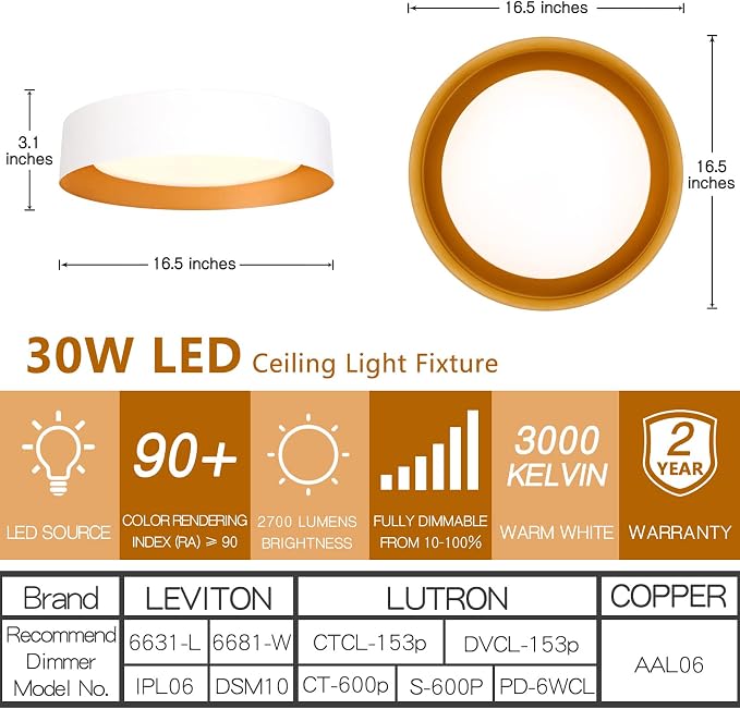 Bargeni 16.5" White Gold Flush Mount Ceiling Light, Dimmable LED Fixture | 30W LED ceiling light with 3000K warm white glow, ideal for hallways, closets, bedrooms and entryways