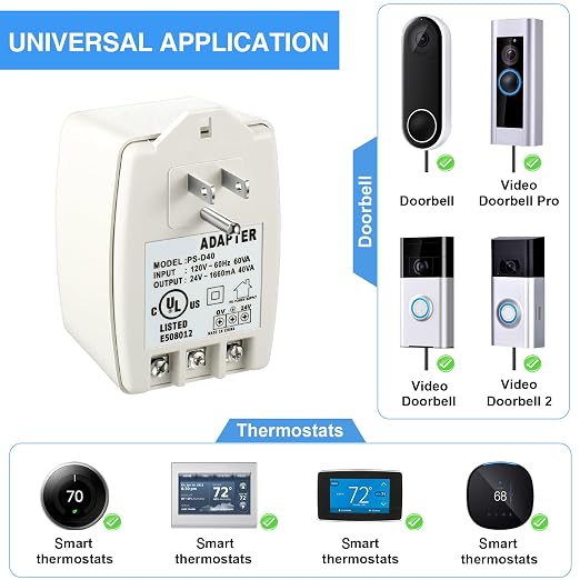 Hotop 24 Volt Transformer 40 VA AC Transformer Plug in with PTC Fuse Compatible with Ring Doorbell and Thermostat Compatible with Nest, Ecobee, Sensi/Honeywell/24V Adapter(1 Pack,Without Screw Holes)