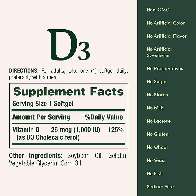 Nature's Bounty Vitamine D3 1000 UI, Soutien immunitaire, Aide à maintenir des os sains, 250 gélules à libération rapide (Lot de 3)