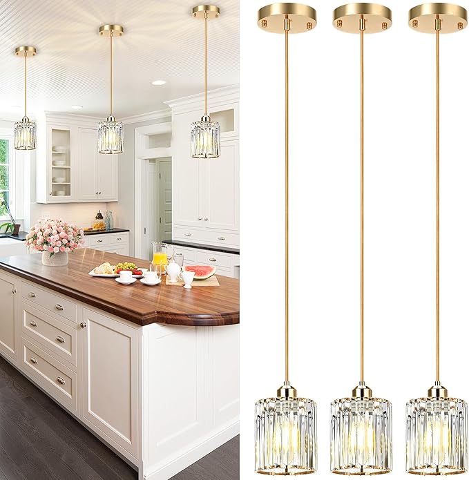 3 Pack Gold Pendant Light, Elegant Modern Island Lights for Kitchen with Crystal Glass – Luxury Mini Pendant Light for Kitchen Island, Dining Table, Entryway, Restaurant