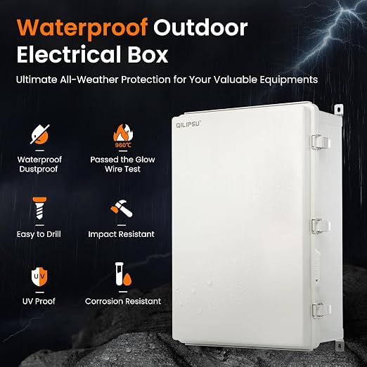QILIPSU UL94-V0 Outdoor Electrical Box 24.2"x16.4"x9.1" Waterproof Junction Box Weatherproof PC/ABS Alloy Plastic IP66 Project Electric Enclosure Grey Hinged Door