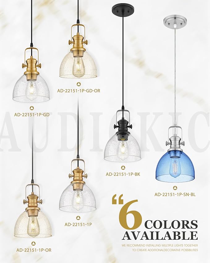 Pendant Lights Kitchen Island, 7.5" Farmhouse Pendant Lighting with Clear Seeded Glass Shade, Vintage Hanging Light Fixtures for Dining Room, Brushed Gold, AD-22151-1P-GD