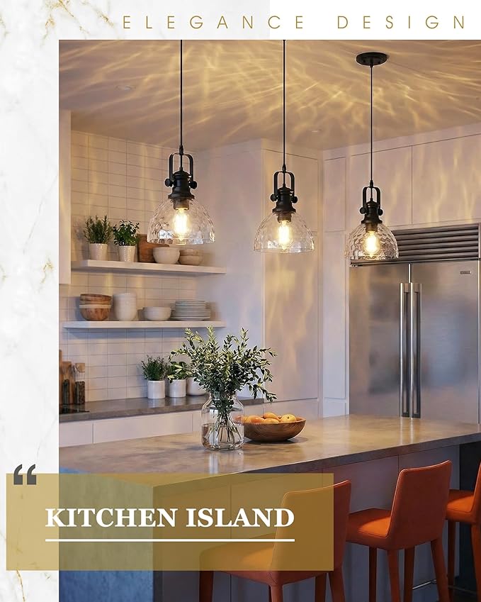 2-Pack Pendant Lights Kitchen Island, 7.5" Farmhouse Black Pendant Lighting with Hammered Glass Shade, Vintage Hanging Light Fixtures for Dining Room Entryway, AD-22151-1P2-BK-H