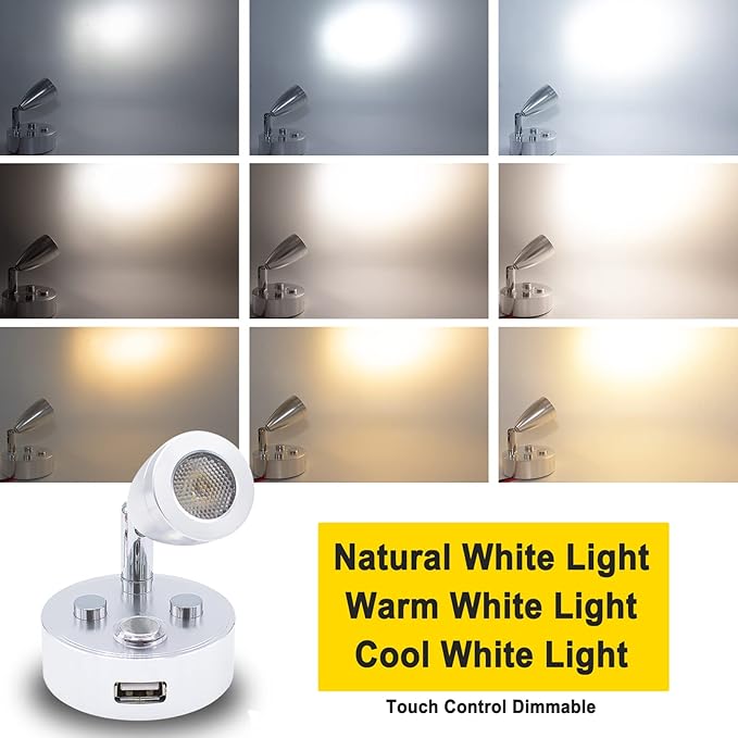 RV Lights Interior Fixture, 12V LED with USB Port RV Reading Light Dimmable Touch Bedside Light Warm White for Camper Trailer Caravan Truck Boat Motorhome Lighting