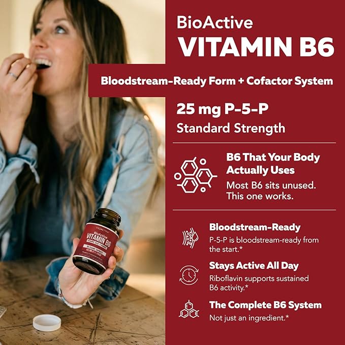 BioActive Vitamin B6 25mg Capsules - Active P-5-P Form for Mood, Energy & Cycle Support - Enhanced Absorption with Riboflavin & Magnesium - Clinical Strength, Non-GMO (60 Capsules - 2 month supply)