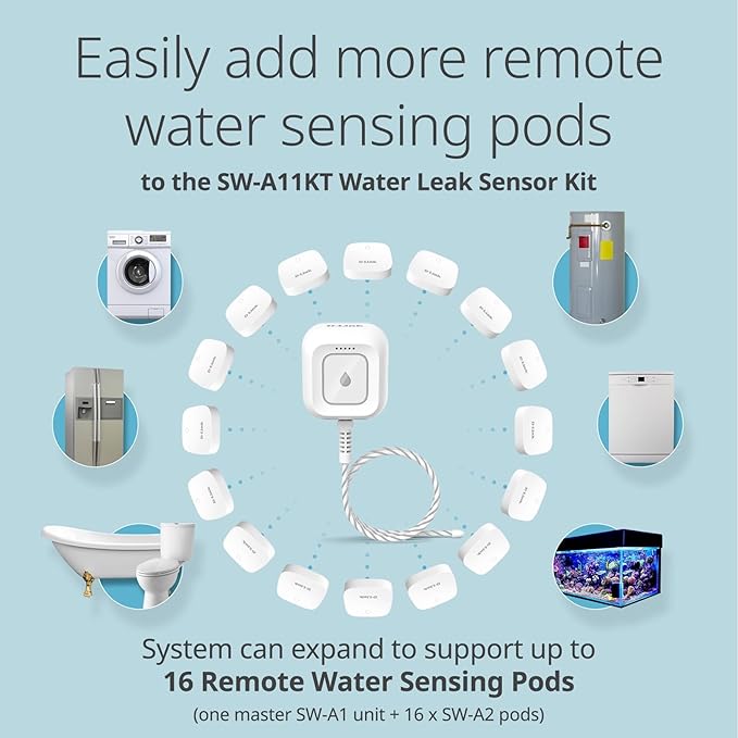 D-Link Add-on Remote Battery-Powered Water Leak Sensing Pod, Long-Range, Compatible Only with SW-A11KT 2-Pack (SW-A2/2)