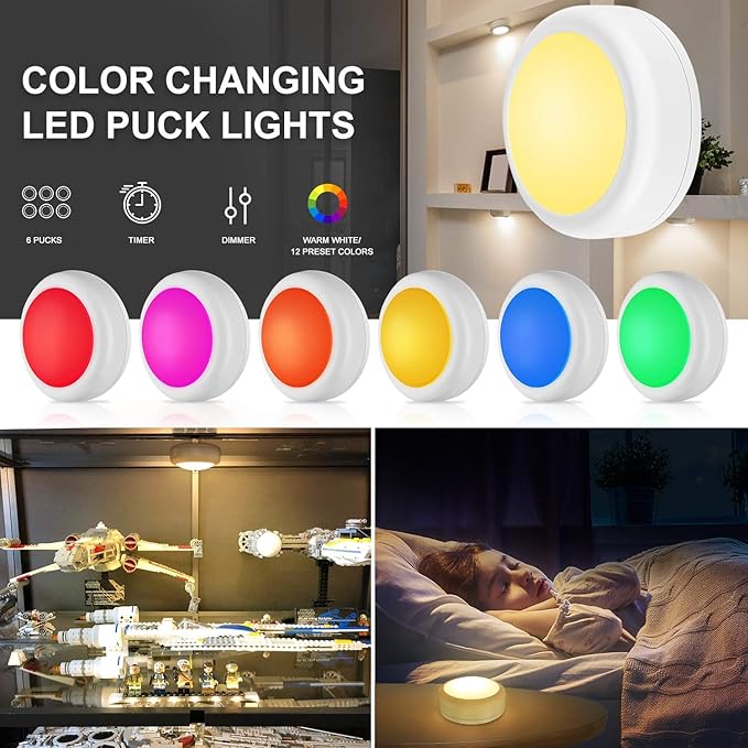 BLS LED Puck Lights with Remote Control, Wireless Under Cabinet & Closet Lighting, RGB 13 Color Changing Lights with Dimmer, Timer & AA Battery Operated, Push, Touch, Stick on for Night, White, 2 Pack