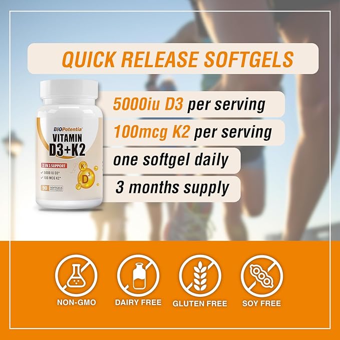 Complément de Vitamine D3 K2 (MK7) en Gélules, Vitamine D3 5000 UI & K2 100 µg avec Huile MCT, Soutien Immunitaire, Santé des Os & Dents, Sans Gluten, Non-OGM | 90 Gélules
