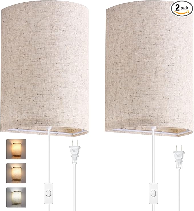 AVV Wall Sconces Set of Two, Wall Lamp Plug in with On/Off Switch, 2700K 4000K 5000K Selectable, Wall Lights for Bedroom, Living Room, Wall Decor for Bedroom, Fabric Linen Lamp Shades