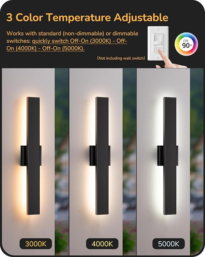 EDISHINE 23.6" Modern Outdoor Wall Lights, 3CCT & 10%-100% Dimmable, IP65 Waterproof, LED Exterior Lighting Fixtures, Linear Outdoor Wall Sconce for Porch, Patio, 2 Pack, Black