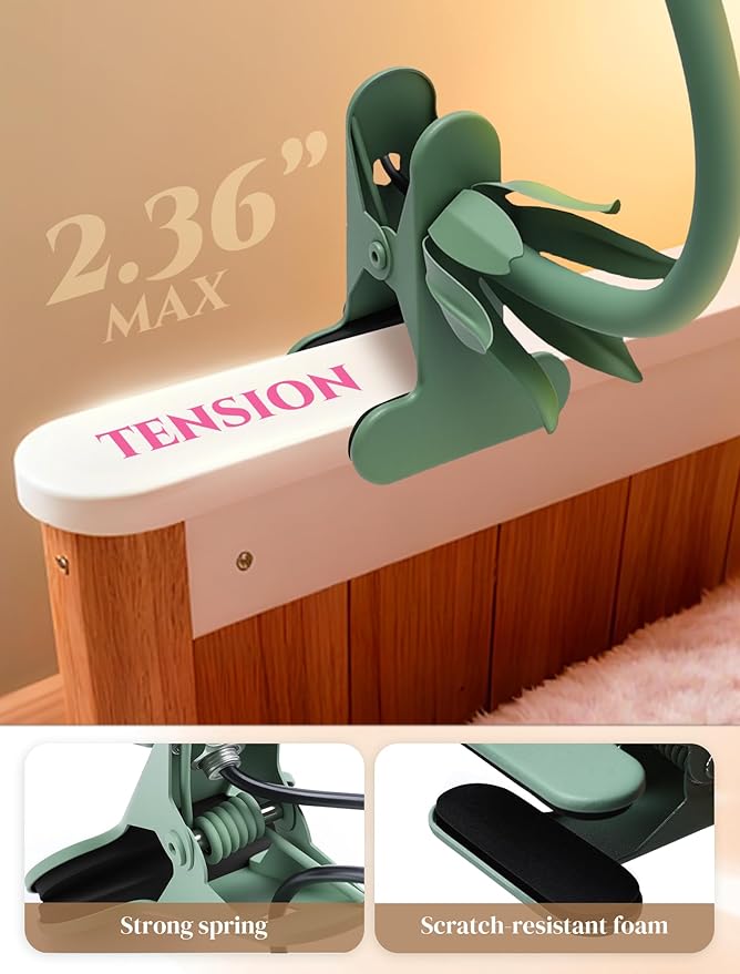 Clip On Light and Flower Desk Lamp, Flexible Gooseneck Reading Book Light with 3 Color Modes Cute Table Lamp Decor, Clip on Bedside Lamp for Bed Headboard,Table, Nursery,Dorm (Green-02)