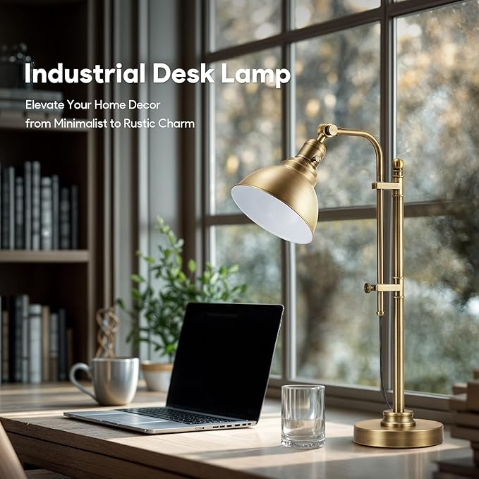 VONLUCE Rustic Desk Lamp Brass Adjustable, Industrial Style Metal Task Lamps 25"-29", Vintage Work Light, Farmhouse Reading Lamp in Brushed Brass Finish, ETL Certificate