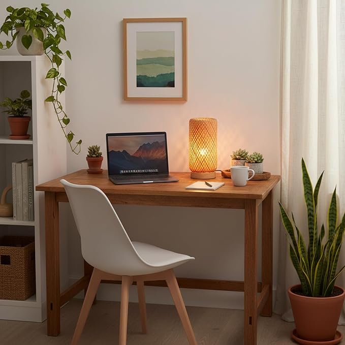 Arturesthome Bamboo Desk Light Woven Boho Beside Lamp Vintage Wicker Wooden Nightstand Lamp for Living Room,Kids Room,Nursery Room Decor