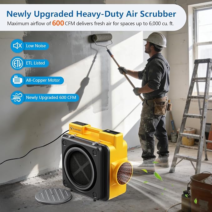 Air Scrubber 600 CFM with 4-Stage Filtration, Stackable Negative Air Machine for Home, Industrial and Commercial Use, Water Damage Restoration Equipment, Airborne Cleaner HEPA Scrubber with 4 Filters