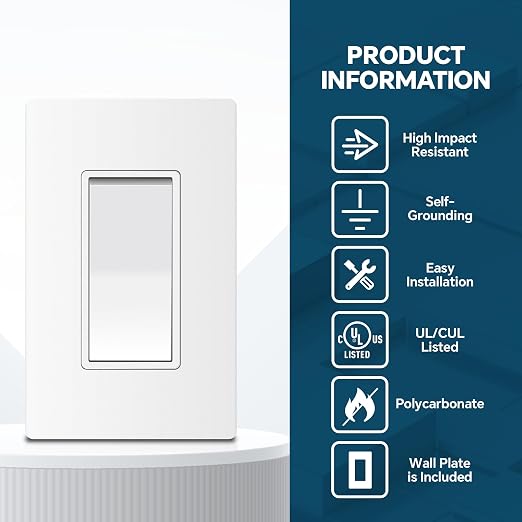 ThunderWay Matte White Single Pole Decorator Light Switch with Screwless Wall Plate, 15 A 120/277 V, ON/Off Rocker Paddle Interrupter, Self-Grounding, Residential Grade, UL Listed (30 Pack)