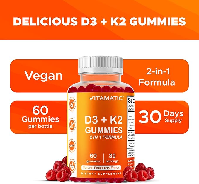 Vitamatic Bonbons Gommes Vitamine D3 et K2 (Lot de 2, 60 unités) Soutient la santé des os, la santé cardiaque, l'absorption du calcium et la fonction immunitaire À base de plantes, Sans OGM, Sans gluten