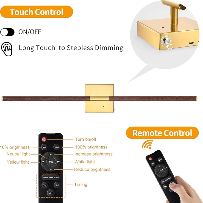 Morauroral 40″ Walnut Battery Operated Wall Sconces Set of Two, Dimmable Wall Sconce with Remote Control, Rechargeable Sconces Wall Lighting, LED Wireless Wall Lights for Bedroom, Living Room