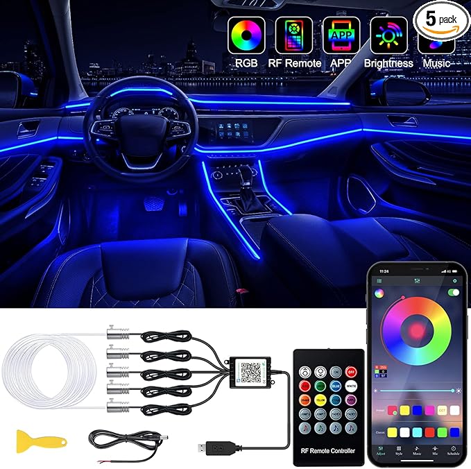 Jushope Interior Car LED Strip Lights with Wireless APP and Remote Control, RGB 5 in 1 Ambient Lighting Kits with 236 inches Fiber Optic, 16 Million Colors Car Neon Lights, Sync to Music