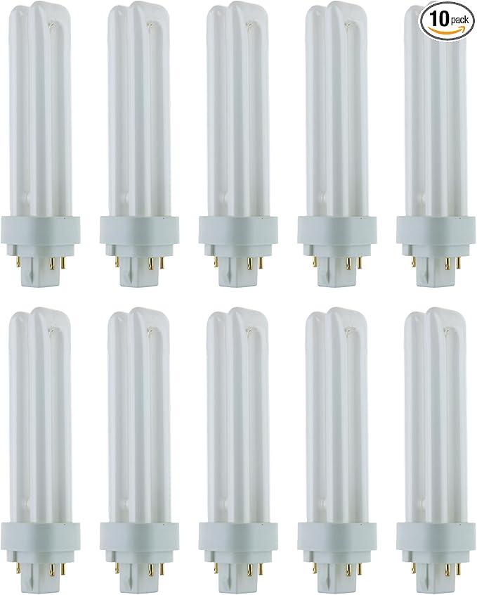 Sunlite Compact Fluorescent PLD 4-Pin Double U-Shaped Twin Tube, 18 Watts, 120 Volts, 1080 Lumens, 5000K Daylight, 4-Pin G24q2 Base, 10 Pack