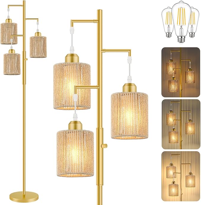 Hotsonic 72" Tall Boho Rattan Style Floor Lamp with Hand-Woven Paper Cord Shade, Dimmable Industrial Tree Standing Lamp for Living Room, Bedroom, Study Room, Office (3 x 800LM Bulbs Included) - Gold