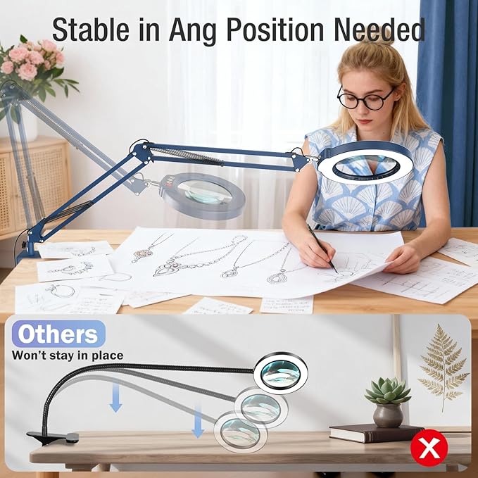 10X Magnifying Glass with Light and Clamp, Real Glass Stand Lighted Magnifier, 2*16 Arm 5 Color Modes Stepless Dimmable LED Desk Lamp Hands Free for Craft Hobby Reading Painting Close Work Large Blue