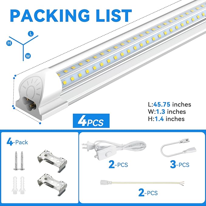 CNSUNWAY Led Shop Lights, 4FT LED Light 50W 7500LM 6500K Daylight White, D Shape Garage Light, Linkable Clear Cover T8 Integrated for Garage Workshop Workbench, ETL Listed(4-Pack)