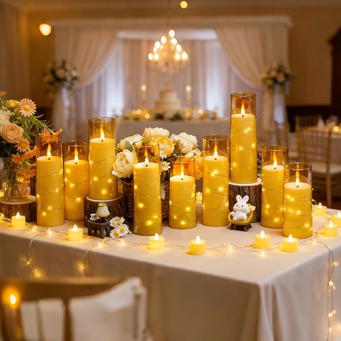 kakoya Flameless LED Candles with Timer 24 Pc Flickering Flameless Candles for Romantic Ambiance and Home Decoration Stable Acrylic Shell,with Embedded Star String，Battery Operated Candles(Gold)