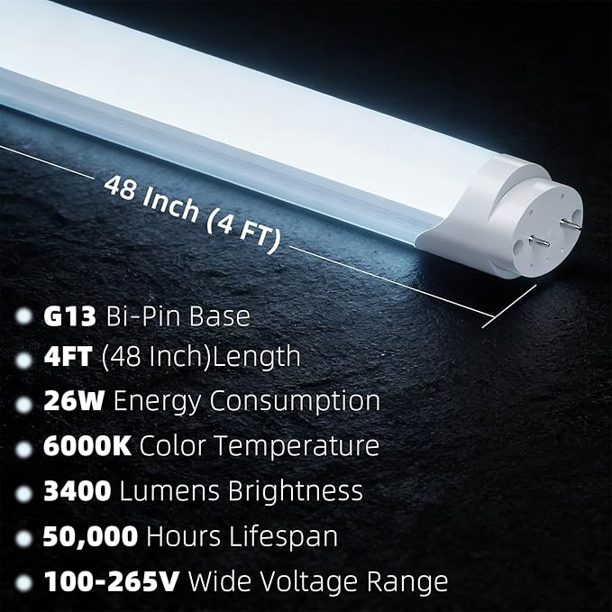 CYLYT Fluorescent Light Bulbs 48 inch, T8 LED Bulb 4 Foot Type A+B Replacement for F32T8 or F40T12 Tube, 26W 3400LM 6000K Daylight White, Double or Single End Powered, 4-Pack