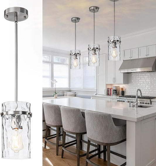 5.5" Nickel Hammered Glass Pendant Light, Brushed Nickel Kitchen Pendant Lights, Modern Kitchen Island Light Over Dining Light Fixture Bedroom Foyer 1 Pack