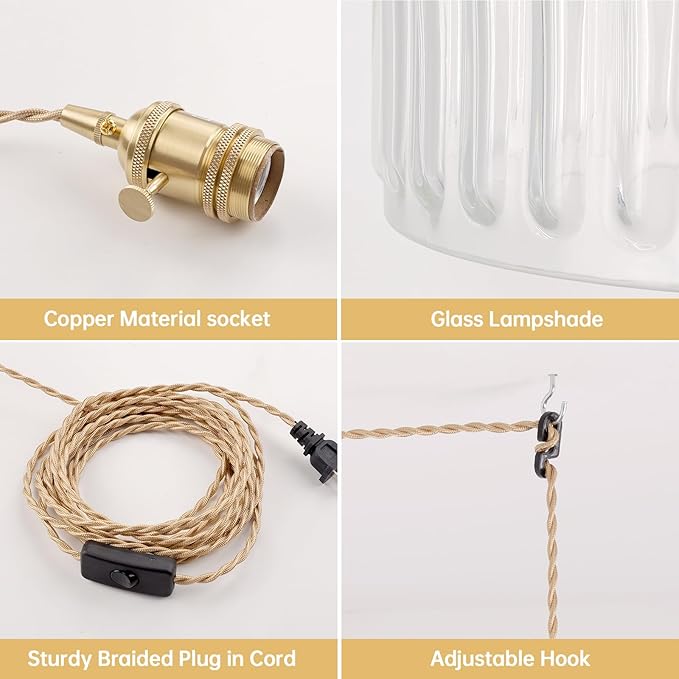 Shenmoyl Plug in Pendant Light Hanging Light Fixtures with Plugin Cord On/Off Switch,Clear Striped Glass Lampshade Brass Pendant Light