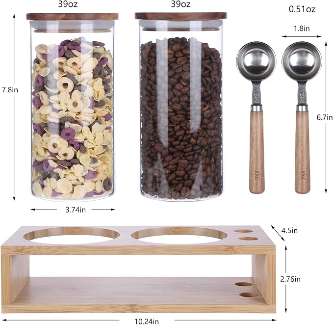 KKC Airtight Coffee Canister and Sugar Container Set with 2 Wooden Handle 1 TBSP Spoons - 2 Pack 39 oz Large Glass Storage Jars with Bamboo Rack, Elegant Countertop Coffee Station Organizer Bar Accs