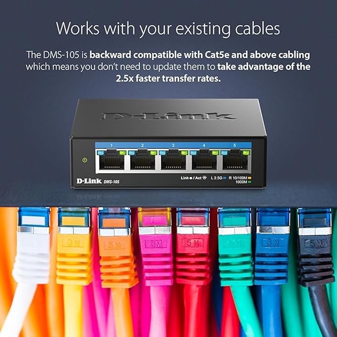 D-Link 5-Port 2.5GB Unmanaged Gaming Switch with 5 x 2.5G - Multi-Gig, Network, Fanless, Plug & Play (DMS-105),Black