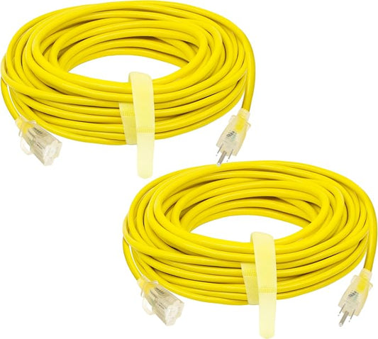 POWGRN 100 ft 2 Pack 12/3 Outdoor Extension Cord Waterproof Heavy Duty with Lighted Indicator End 12 Gauge 3 Prong, Flexible Cold-Resistant Long Power Cord Outside, 15Amp 1875W SJTW Yellow ETL Listed
