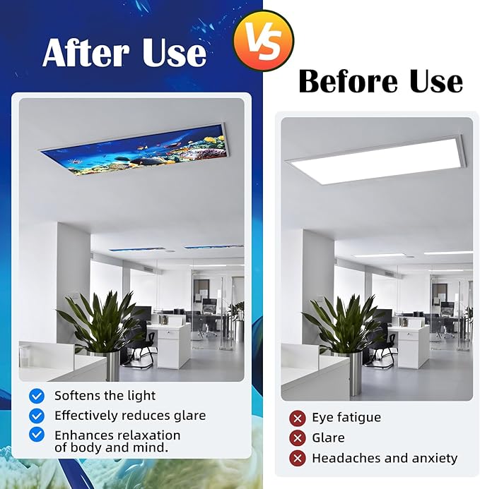 ANGSYLTH 8 Pcs Fluorescent Light Covers - 4 x 2 Feet Covers for Ceiling Lights, 8 x 10 Magnetic Light Filters for Classroom, Office, Hospitals (Underwater World)