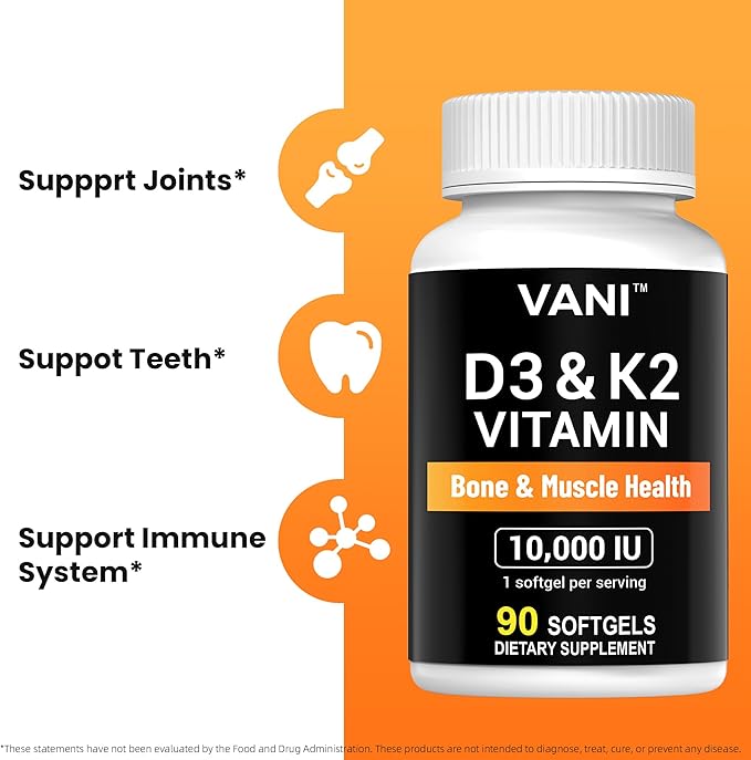 VANI Vitamines D3 (10000iu/250mcg) + K2 (sous forme de Mk7), pour la santé des os, des muscles et des dents, 90 GÉLULES