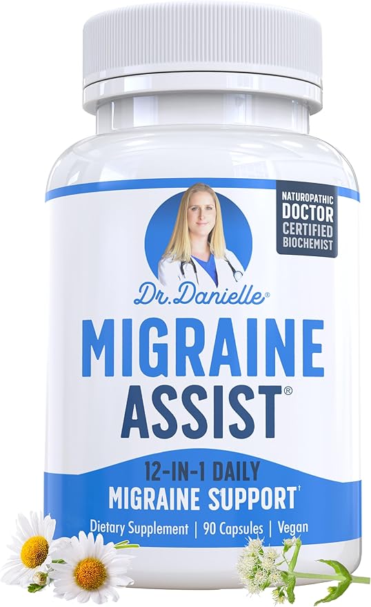 Meilleur produit de soulagement de la migraine avec du magnésium - Supplément Migraine Assist avec quercétine, grande camomille, pétasite, CoQ10 de Dr. Danielle, 90 gélules