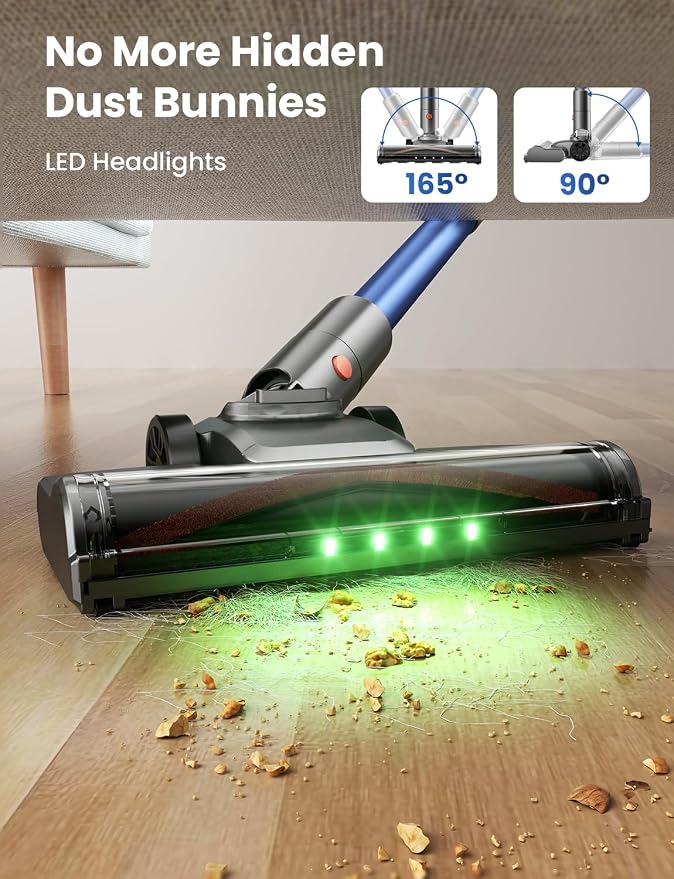 Dzaki Cordless Stick Vacuum Cleaner, 50KPa Brushless Motor Vacuum with Anti-Tangle, LED Display, 55-Min Runtime & Detachable Battery for Pet Hair, Carpet & Hardwood Floors (Blueorange)