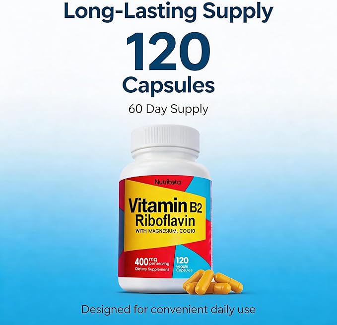 ビタミンB2リボフラビン400mg、マグネシウム＆CoQ10配合、高効能ビタミンB2サプリメント、エネルギー代謝と毎日の健康維持に、植物性カプセル120粒、60日分